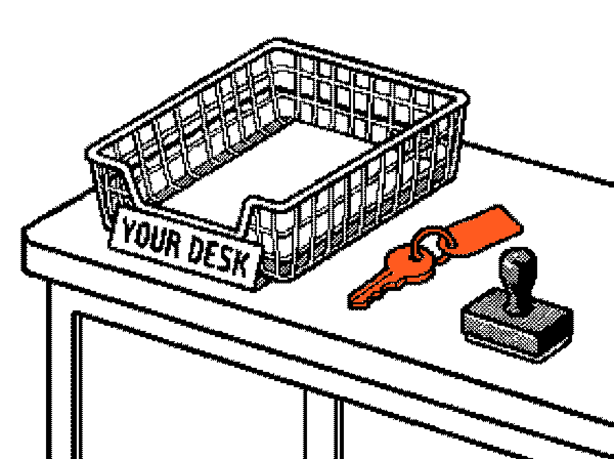 An empty in-tray on the counter