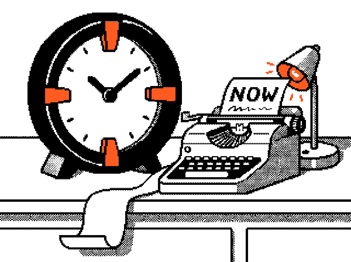 A clock with three marks next to a typewriter printing NOW
