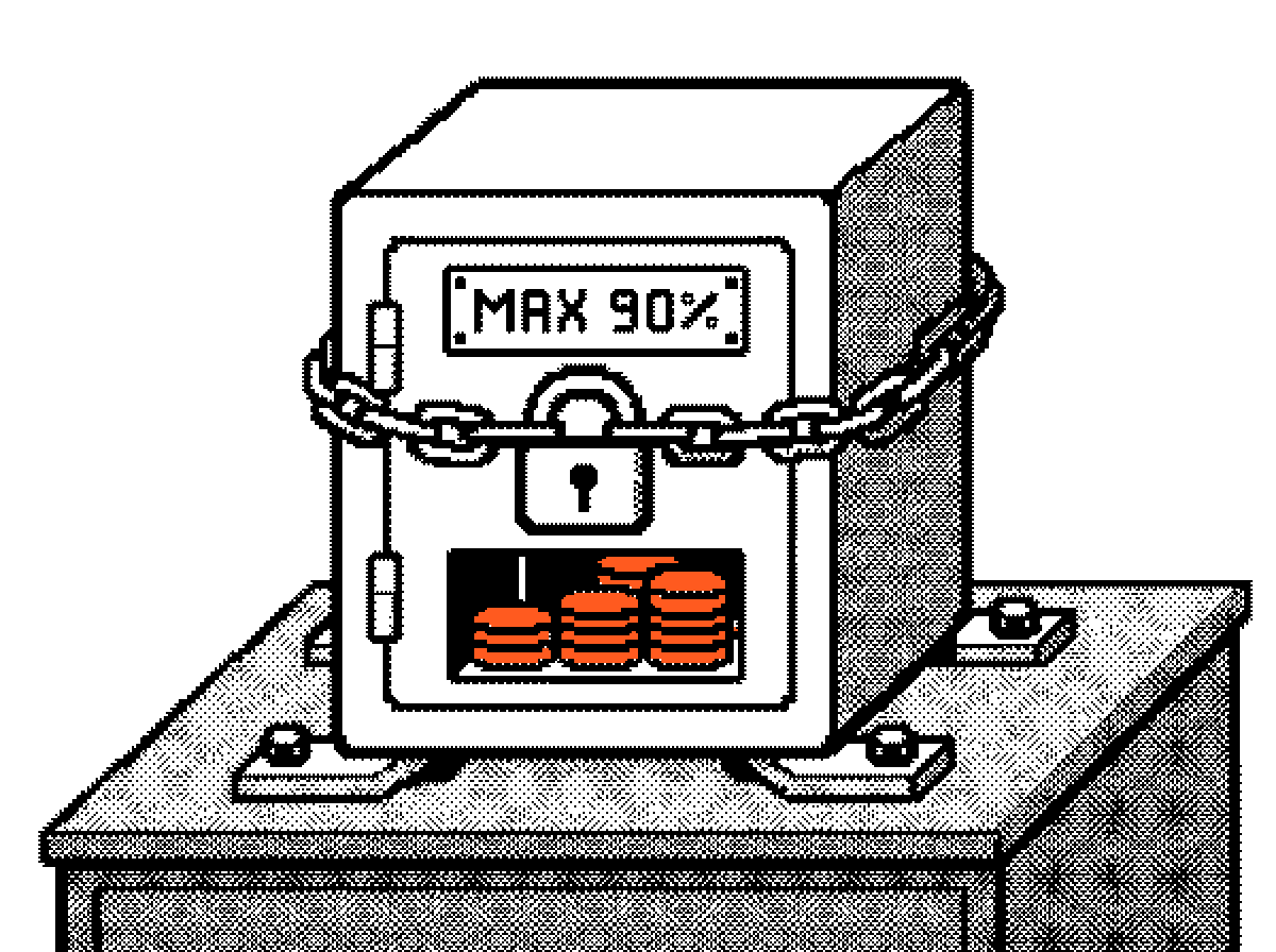 The safe bolted down and chained, a plate reads MAX 90 percent