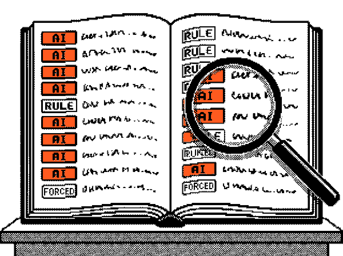 An open ledger with AI, RULE and FORCED tags